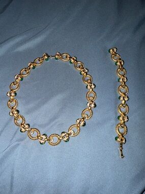 Gold Chain Necklace & Bracelet Set w/Green Cabochon Accent Stones